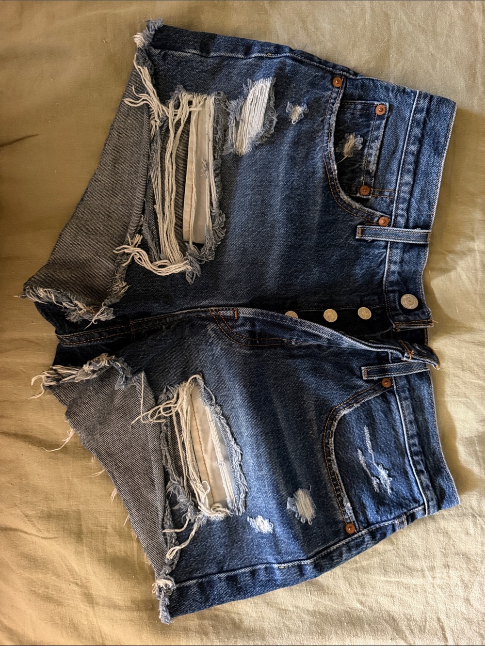 Levi's Distressed Dark Blue Denim Shorts with Button Fly